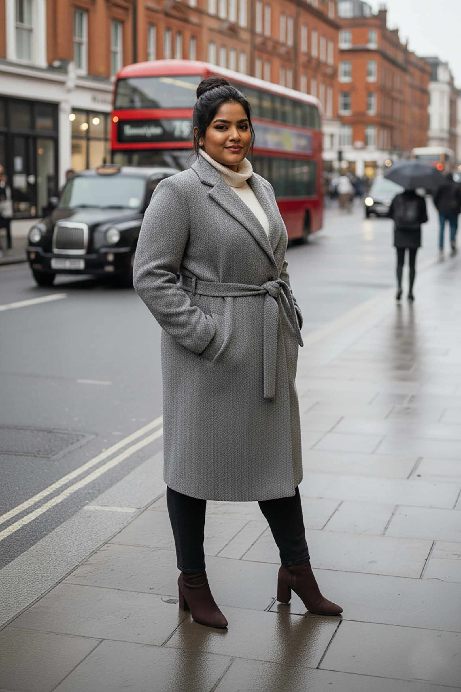 Plus Size Elegant Grey Wool-Blend Long Coat with Belt