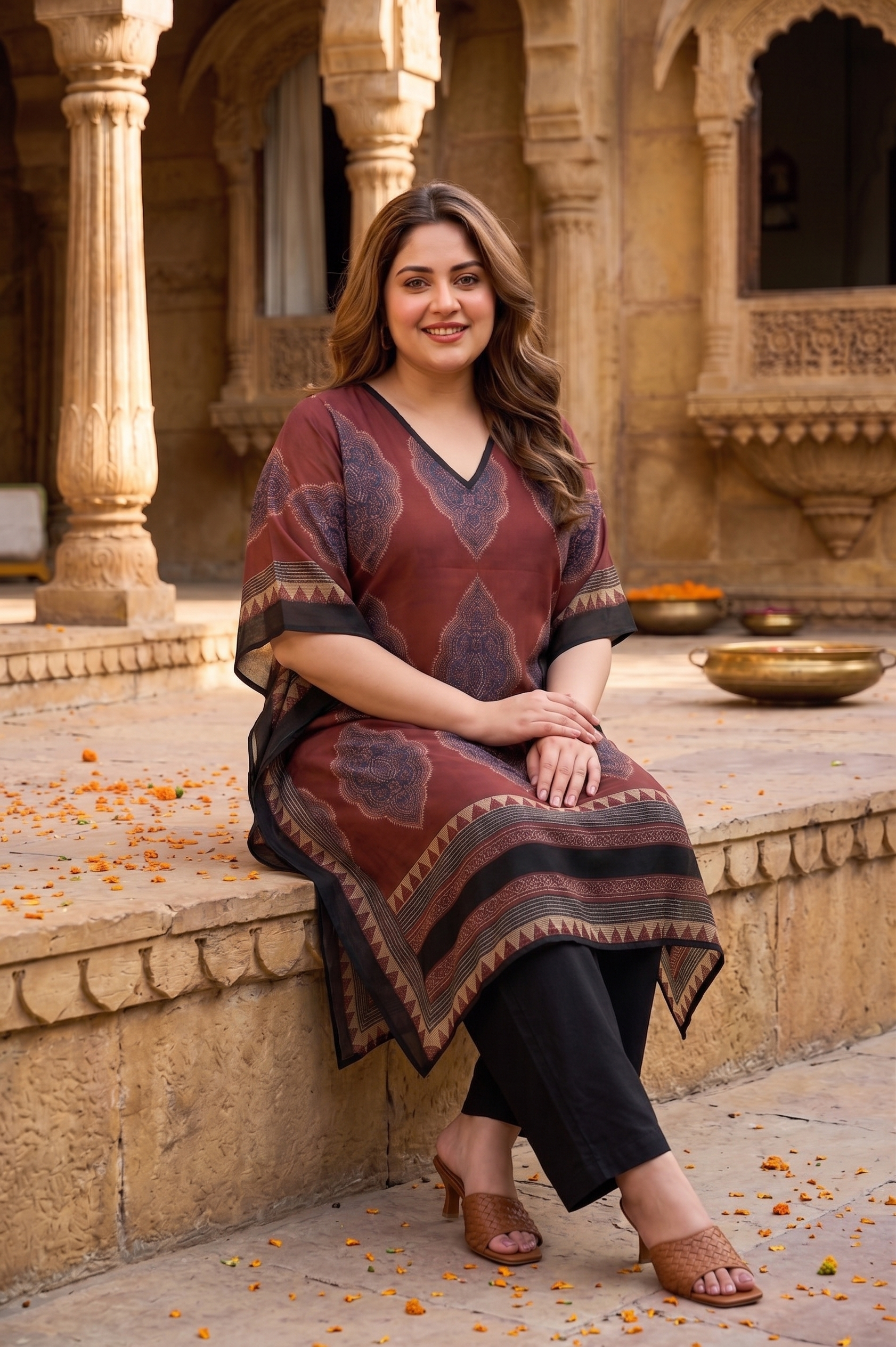 Rust Kaftan Printed Ethnic Co-Ord Set For Women