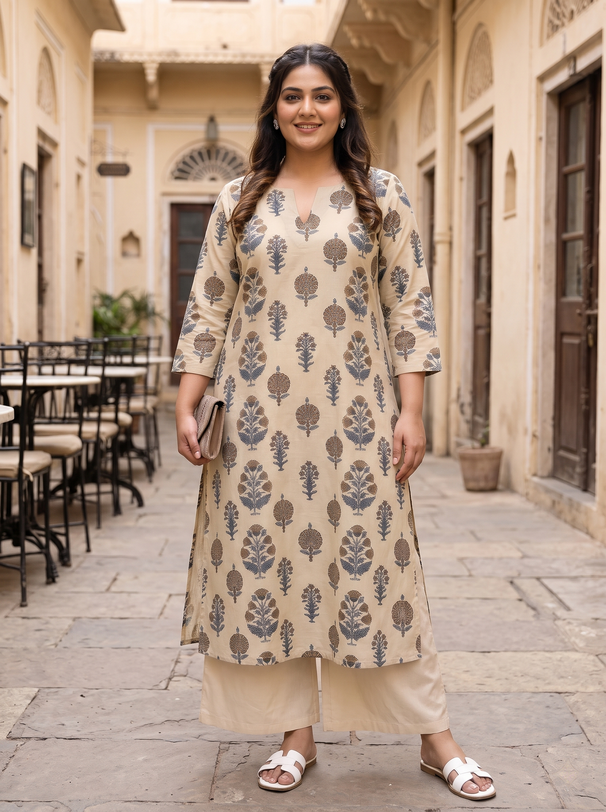 Plus Size Cream Floral Printed 100% Cotton Kurta for Women | V-Neck Straight Fit Kurta