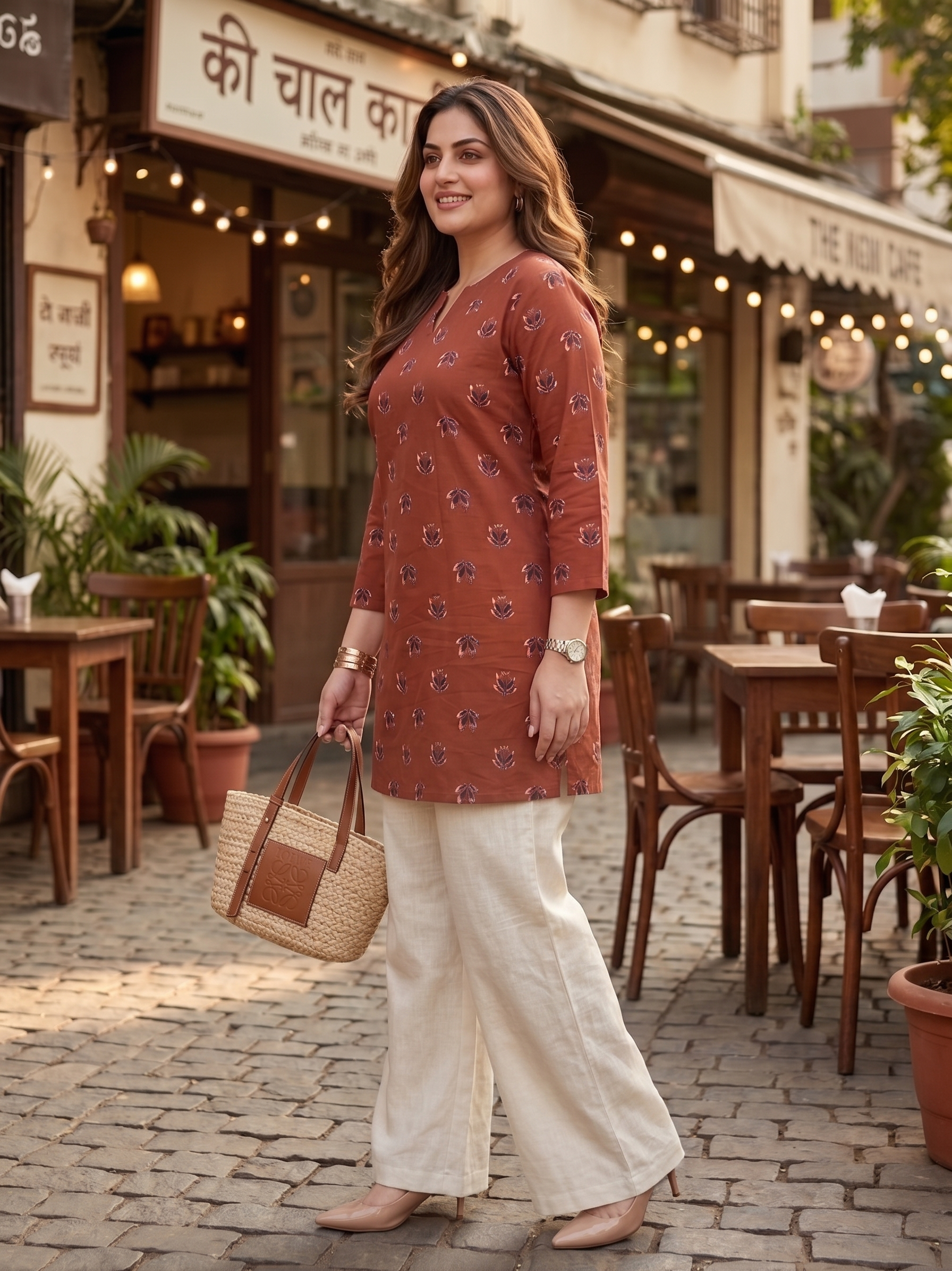 Plus Size Rust Printed Cotton Top for Women | Casual Straight Kurti Top