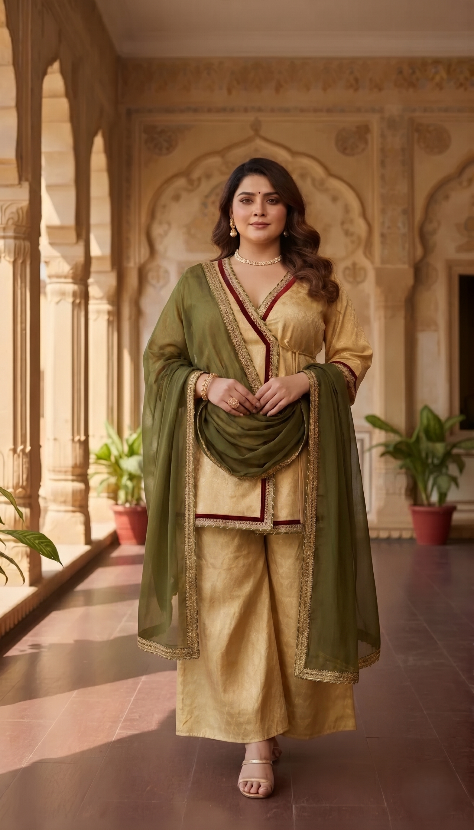 Plus Size Gold Jacquard Kurta Set with Chiffon Dupatta – Festive Ethnic Wear