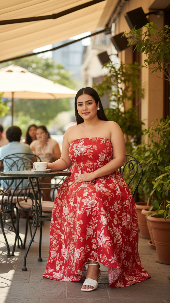 Plus Size Women’s Red Floral Cotton Strapless Maxi Dress