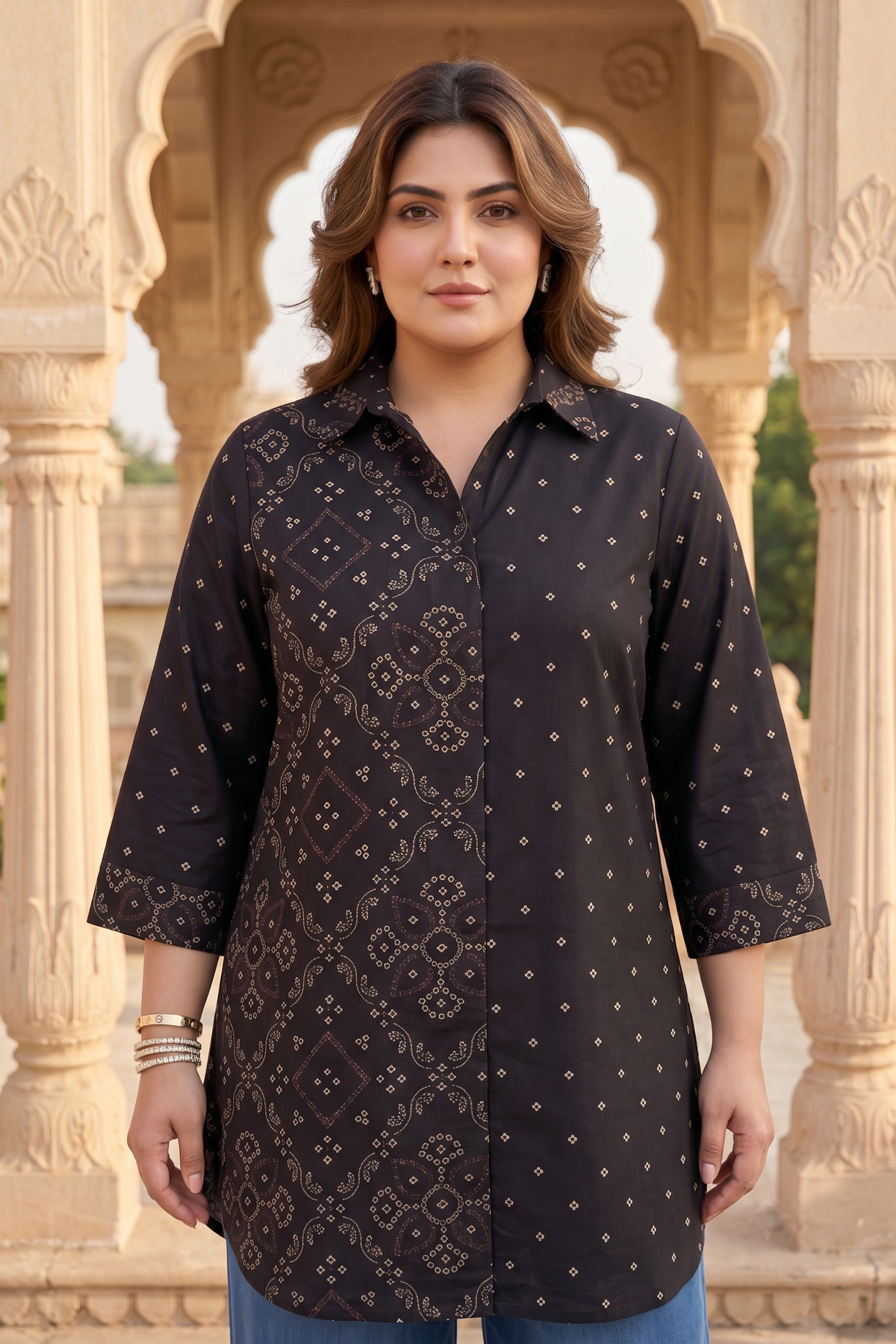 Plus Size Black Bandhani Printed 100% Cotton Shirt for Women | Collared Button-Down Casual Shirt