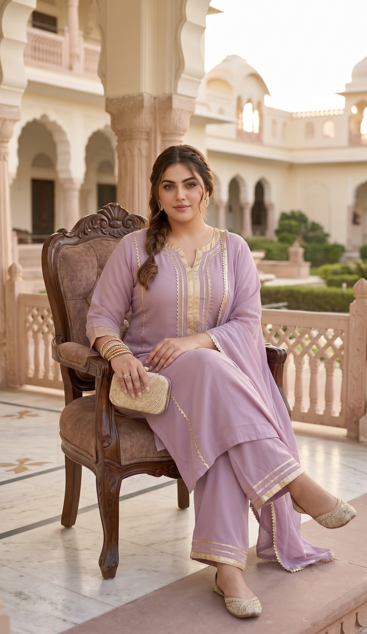 Plus Size Lavender Viscose Dupatta Set – Lace Embellished Kurta, Pant & Dupatta