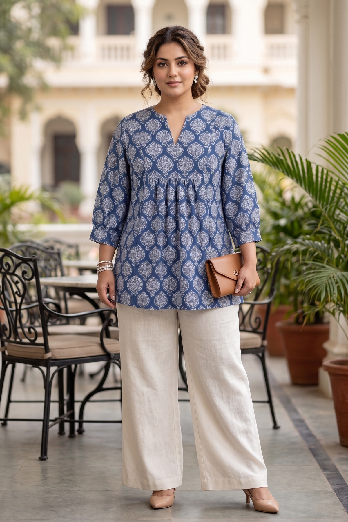 Indigo Blue Boota Print Cotton Peplum Top
