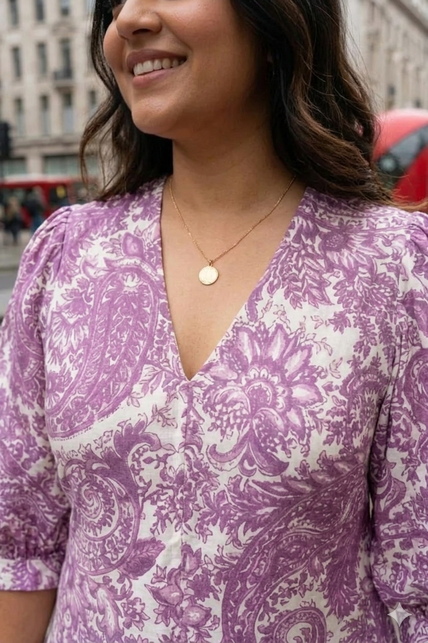 Plus Size Purple Printed Cotton Midi Dress for Women – Elegant Casual Wear