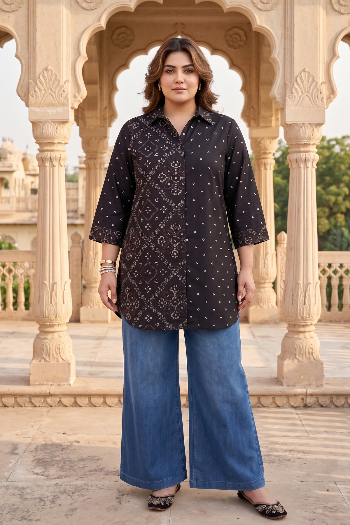 Plus Size Black Bandhani Printed 100% Cotton Shirt for Women | Collared Button-Down Casual Shirt