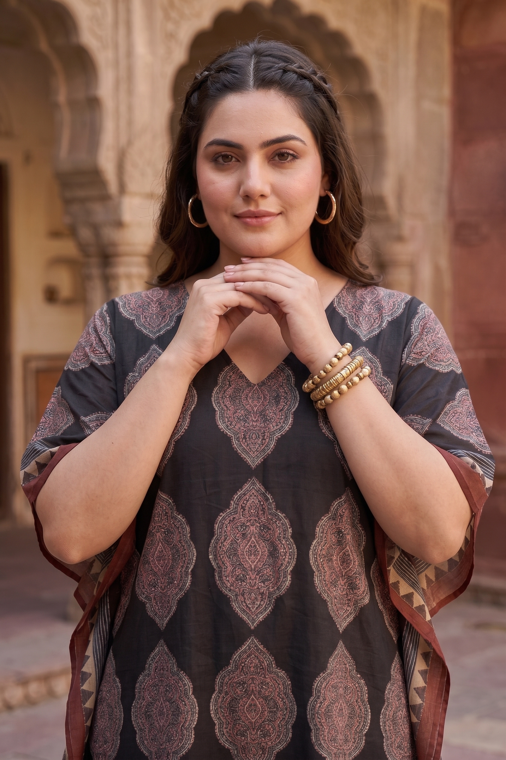 Black Kaftan Cotton Printed Ethnic Co-Ord Set For Women