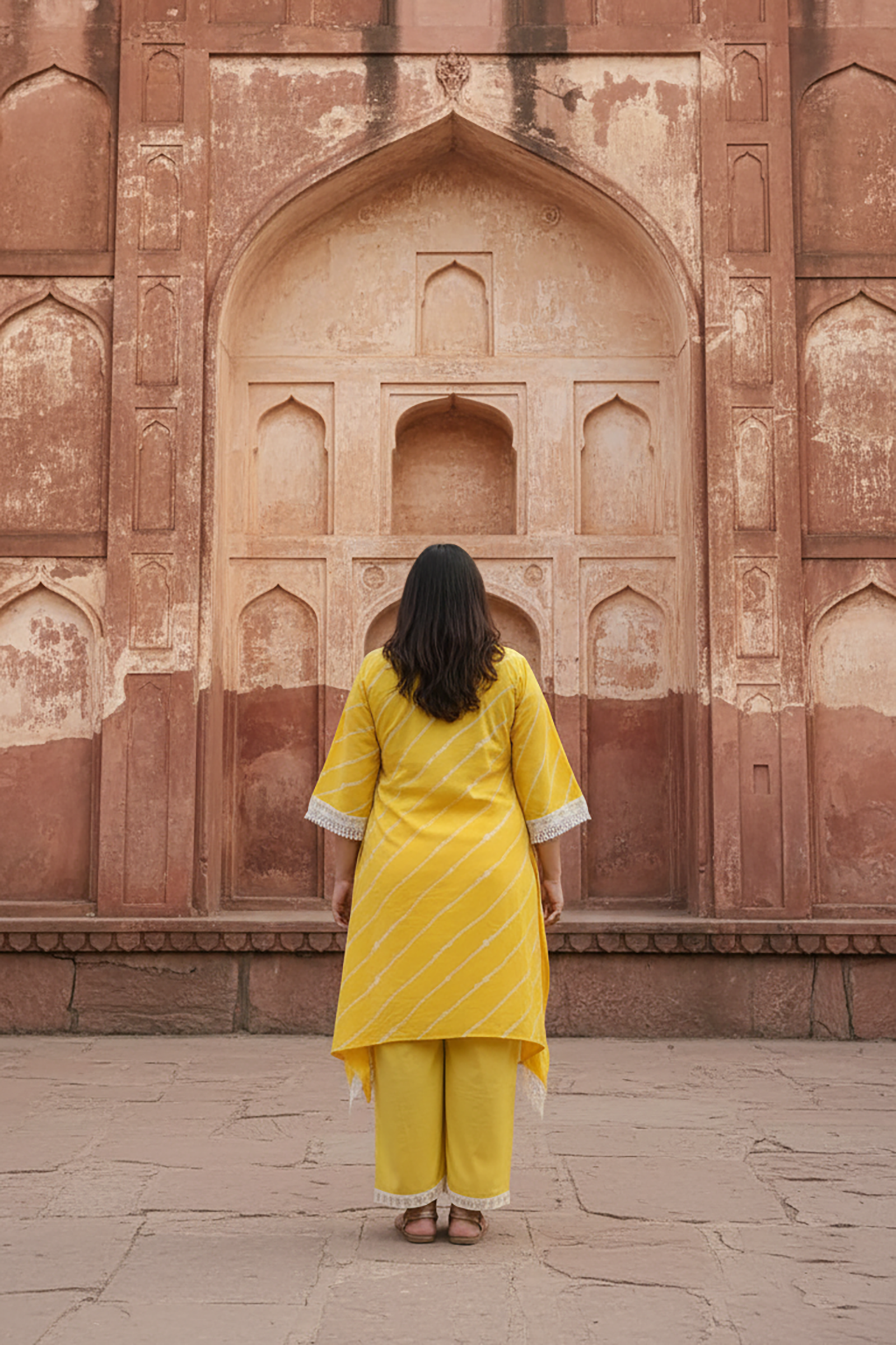 Plus Size Yellow Leheriya Kurta with Palazzo Set for Women