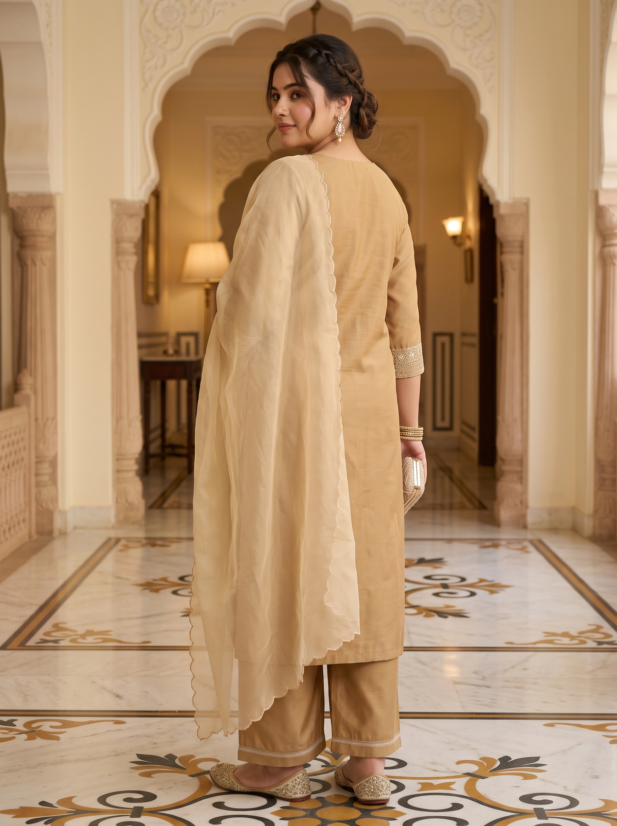 Plus Size Women Elegant Gold Silk Kurta Set - Festive Ethnic Wear with Dupatta