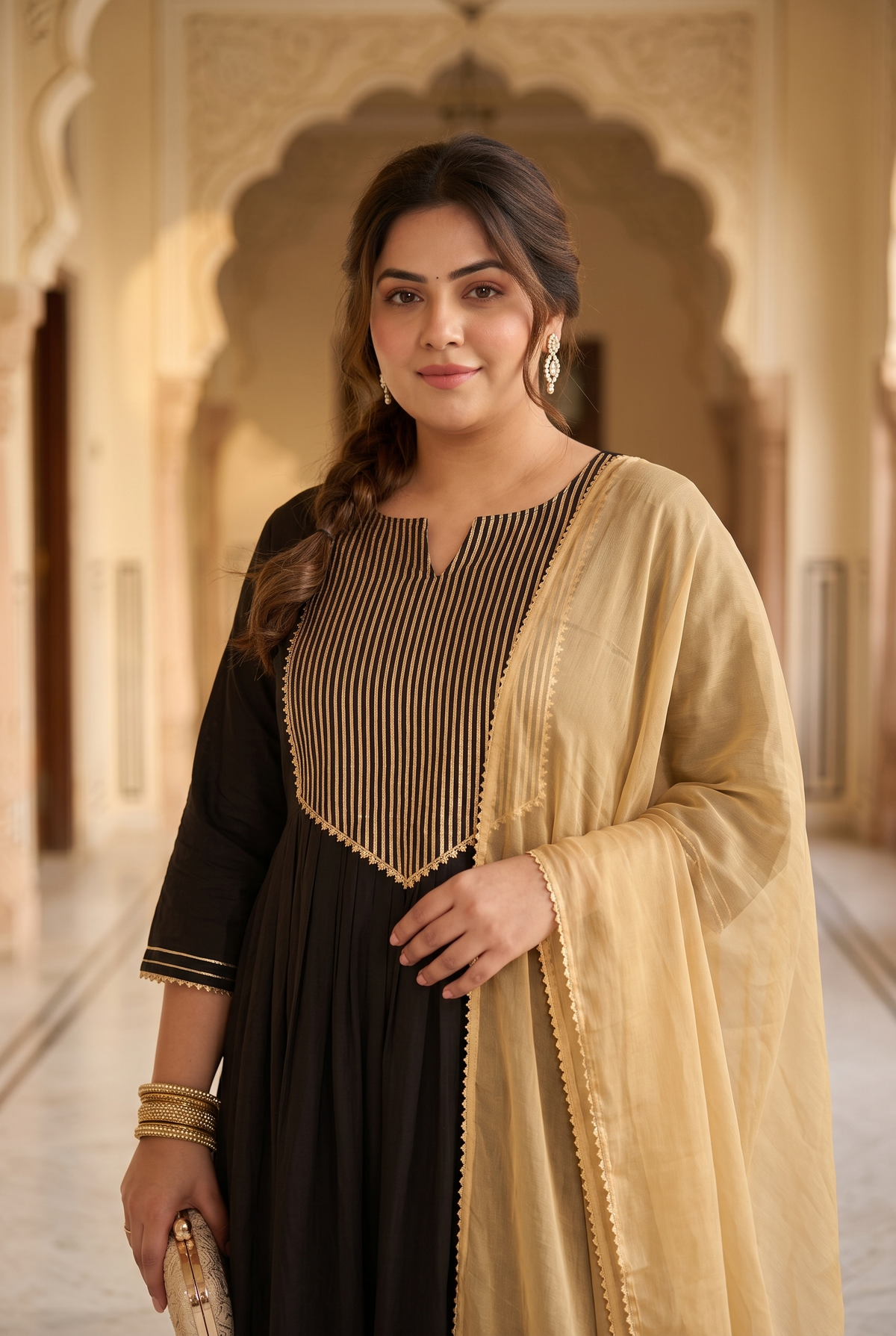 Black Gold Cambric Kurta Pant Set with Chiffon Dupatta (Set of 3)