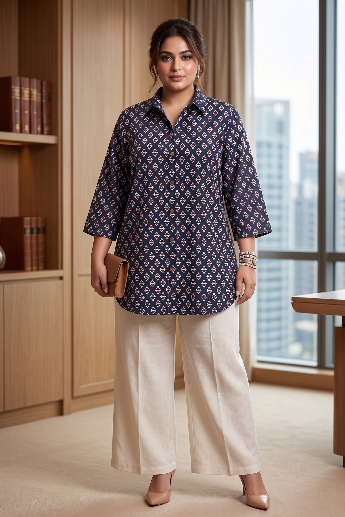 Plus Size Blue 100% Cotton Printed Shirt for Women