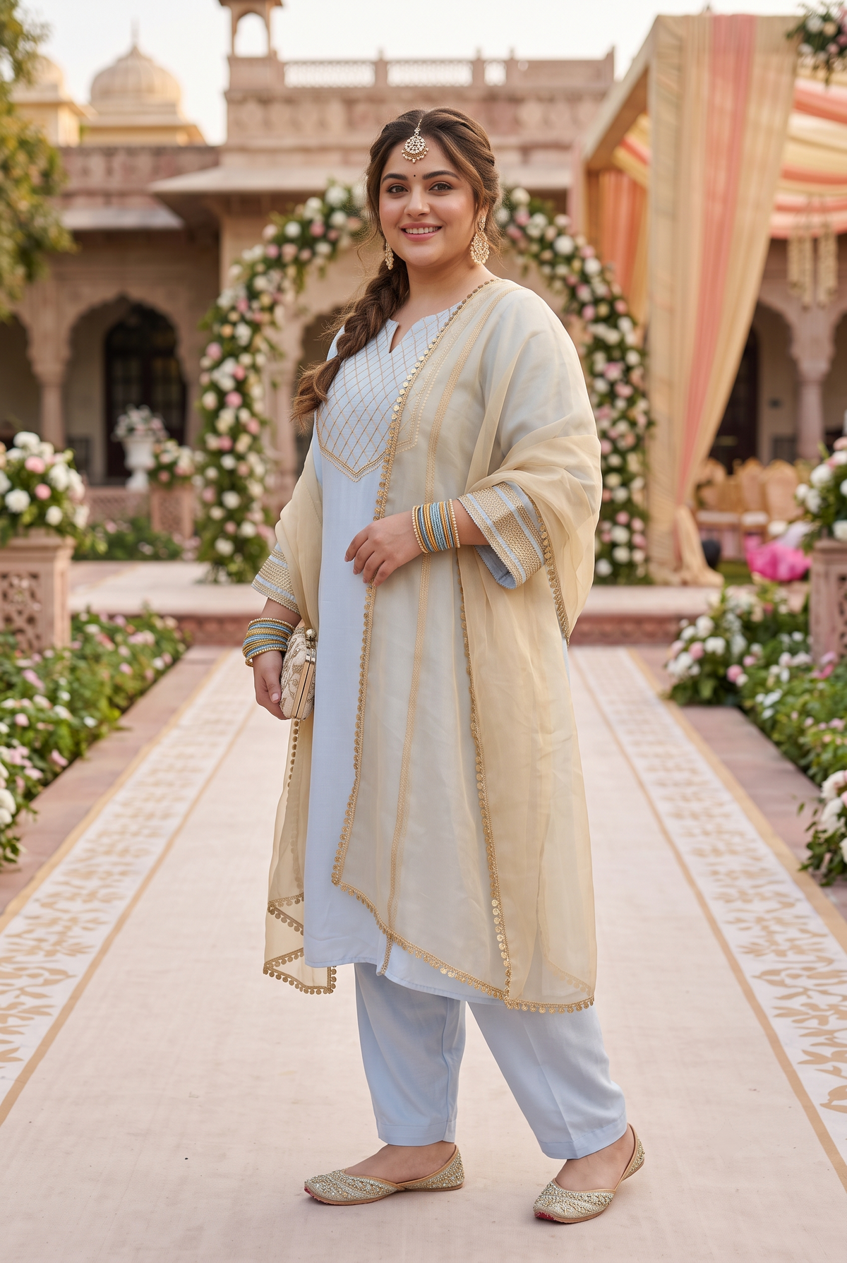 Plus Size Powder Blue Embroidered Kurta Salwar Set with Dupatta(Set of 3)