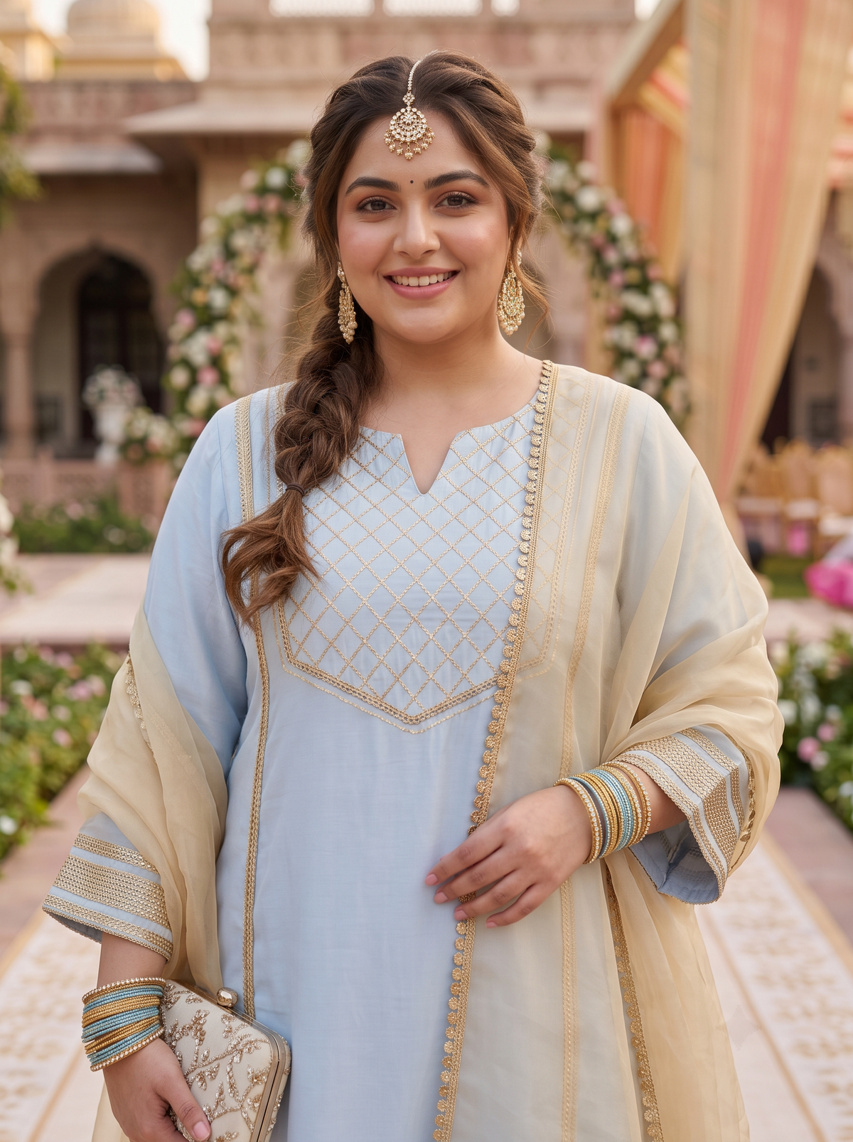 Plus Size Powder Blue Embroidered Kurta Salwar Set with Dupatta(Set of 3)