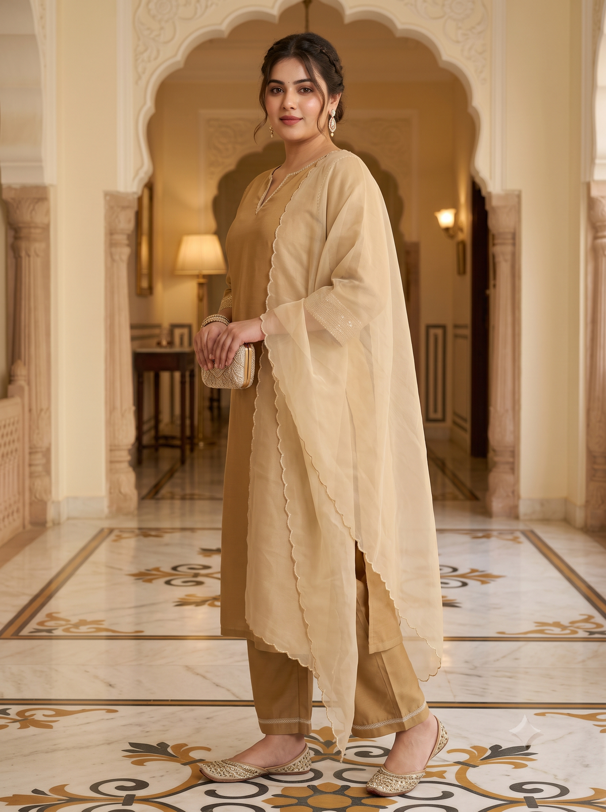 Plus Size Women Elegant Gold Silk Kurta Set - Festive Ethnic Wear with Dupatta