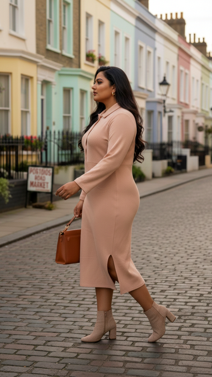 Plus Size Mini Waffle Collared Button Detail Knit Midi Dress