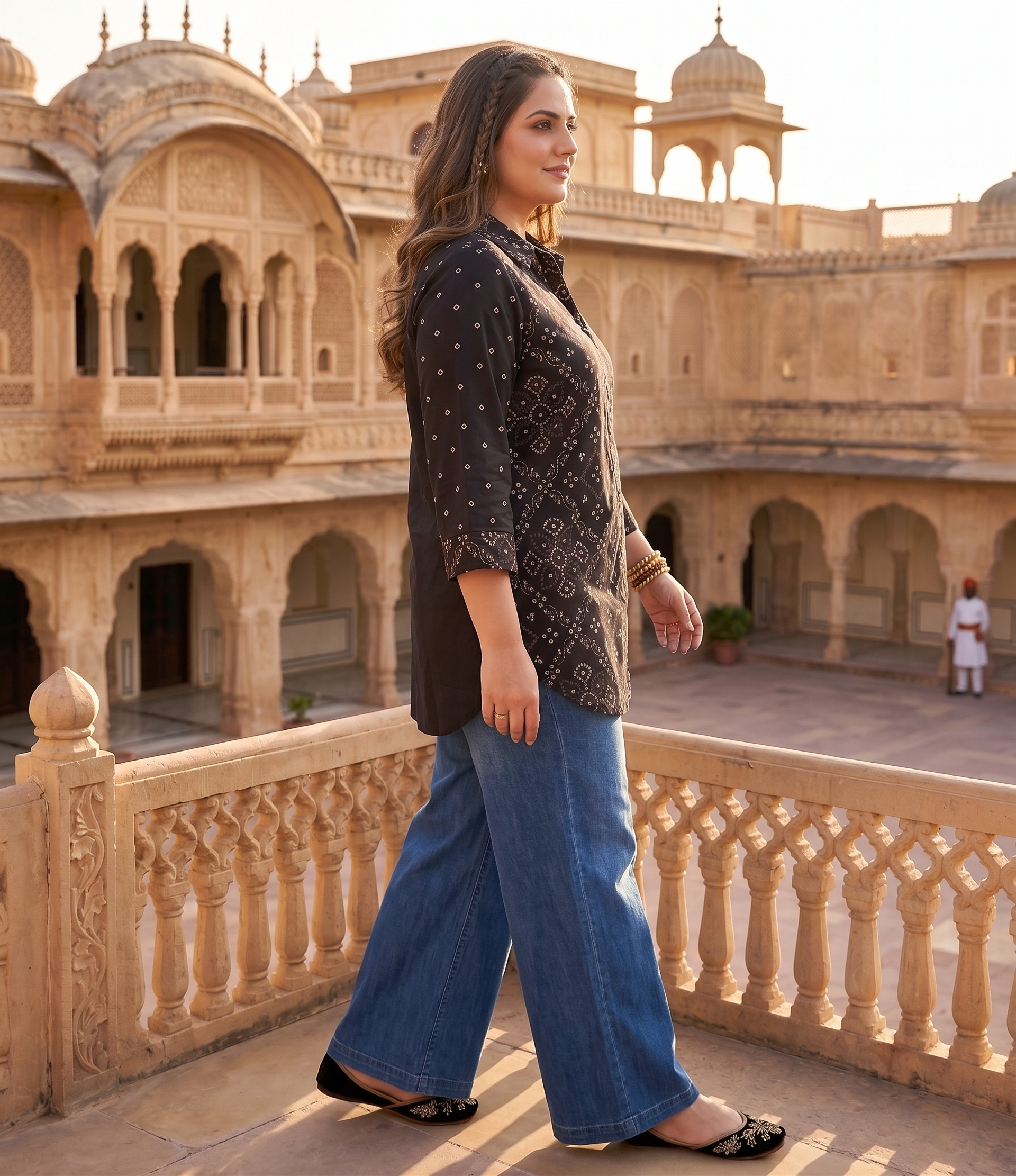 Plus Size Black Bandhani Printed Cotton Shirt for Women | Collared Button-Down Casual Shirt