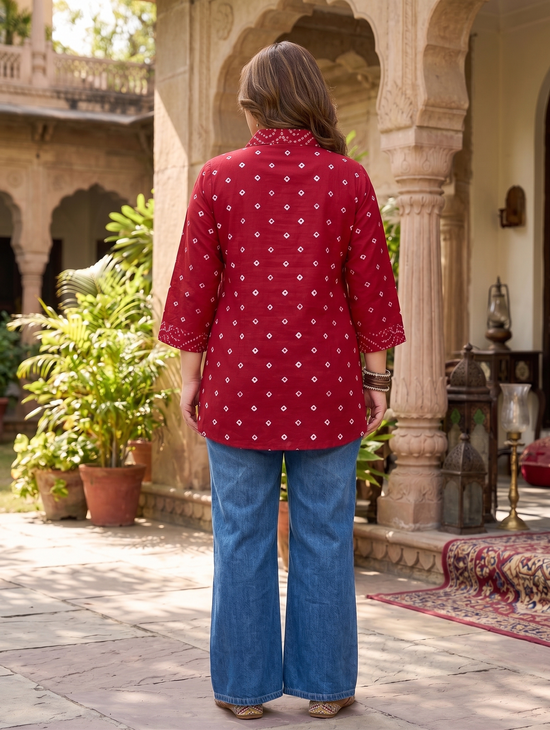 Plus Size Red Bandhani Printed Cotton Shirt for Women | Collared Button-Down Casual Shirt