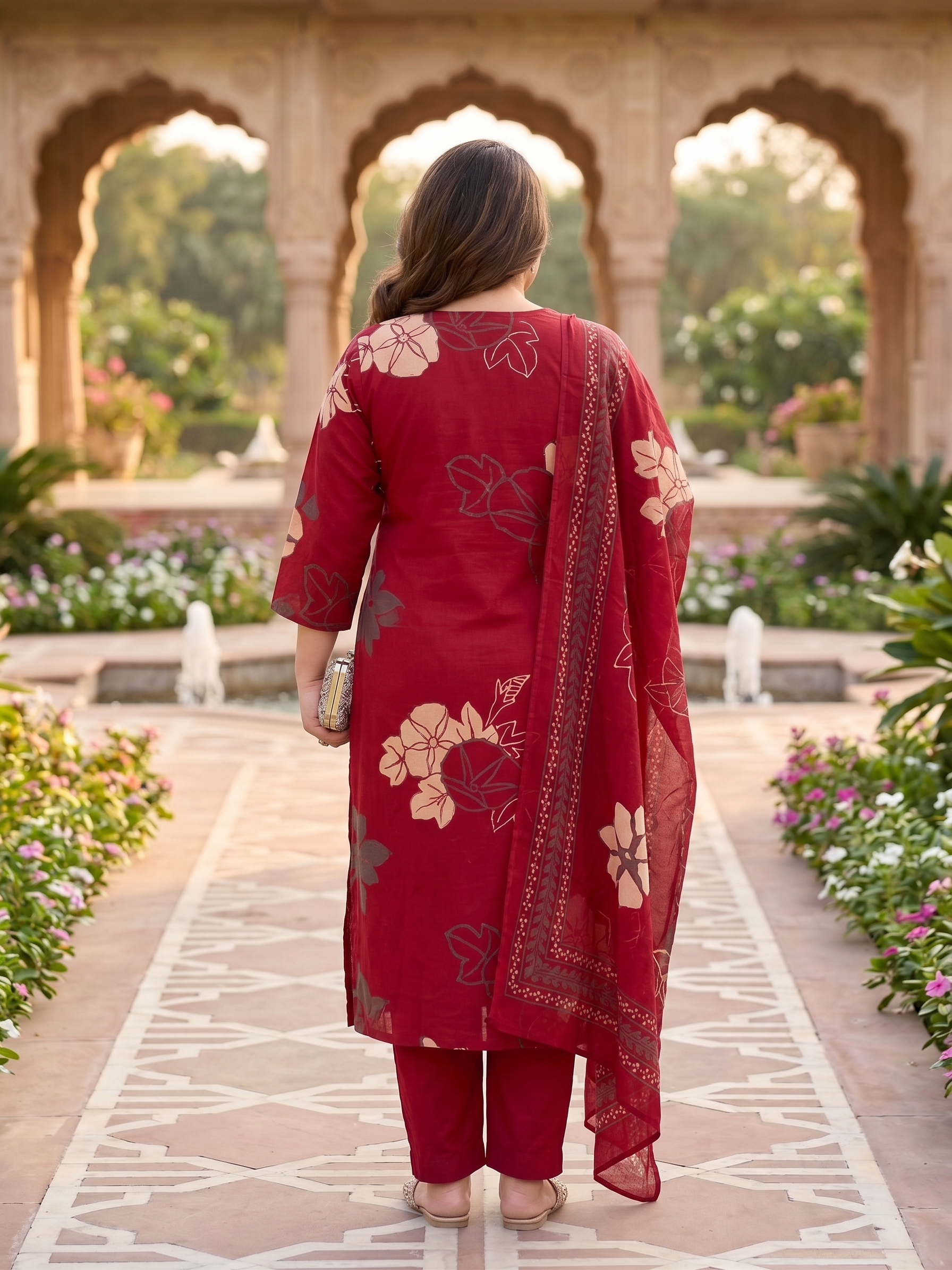 Plus Size Maroon Floral Print Cotton Kurta Set with Dupatta