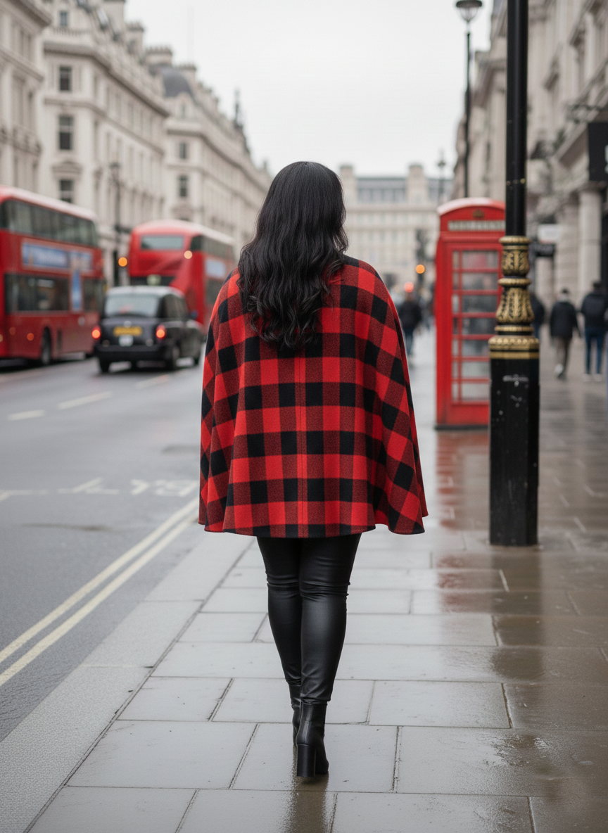 Plus Size Red Black Plaid Woolen Cape/Poncho for Women