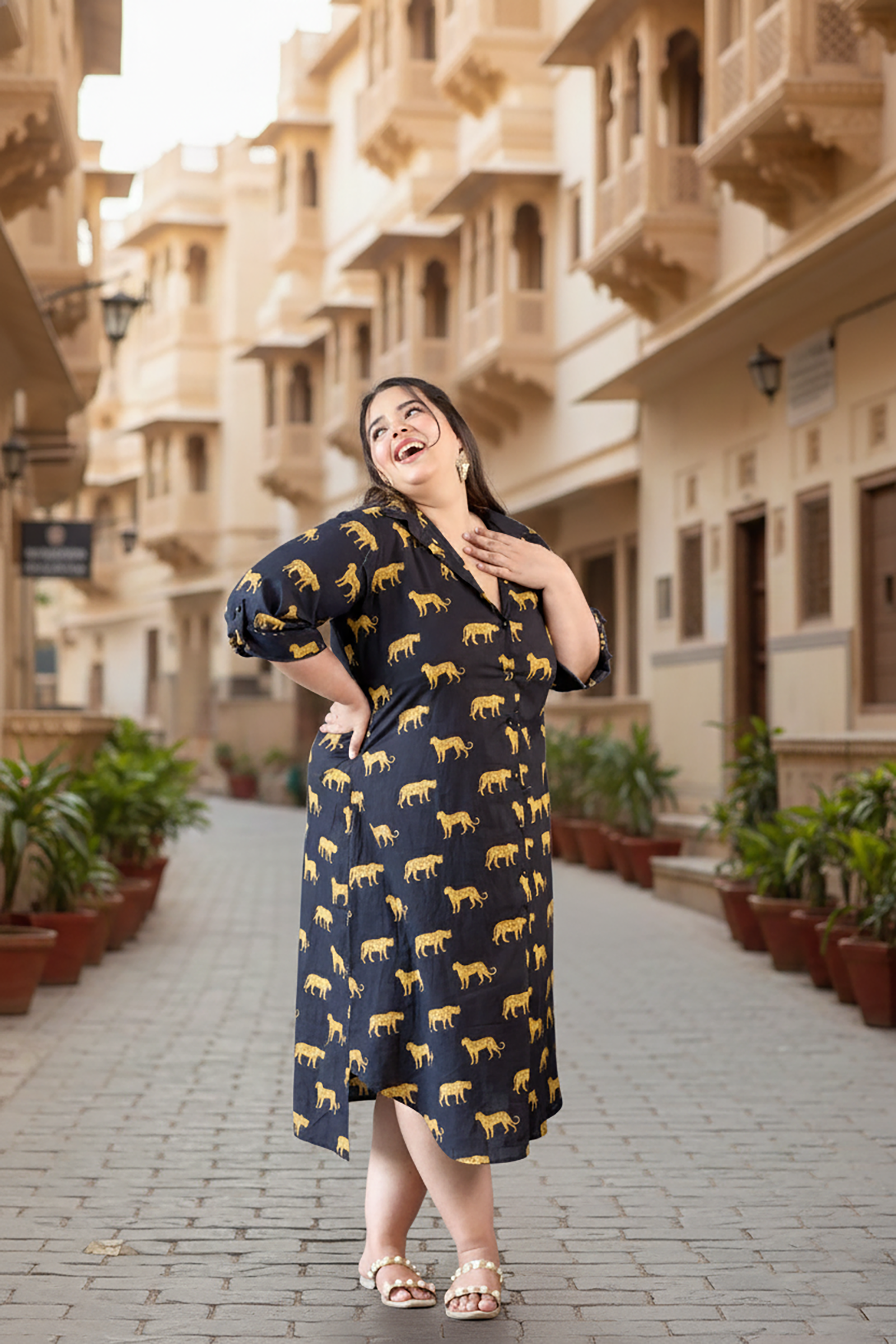 Cheetah Print Cotton Black Shirt Dress