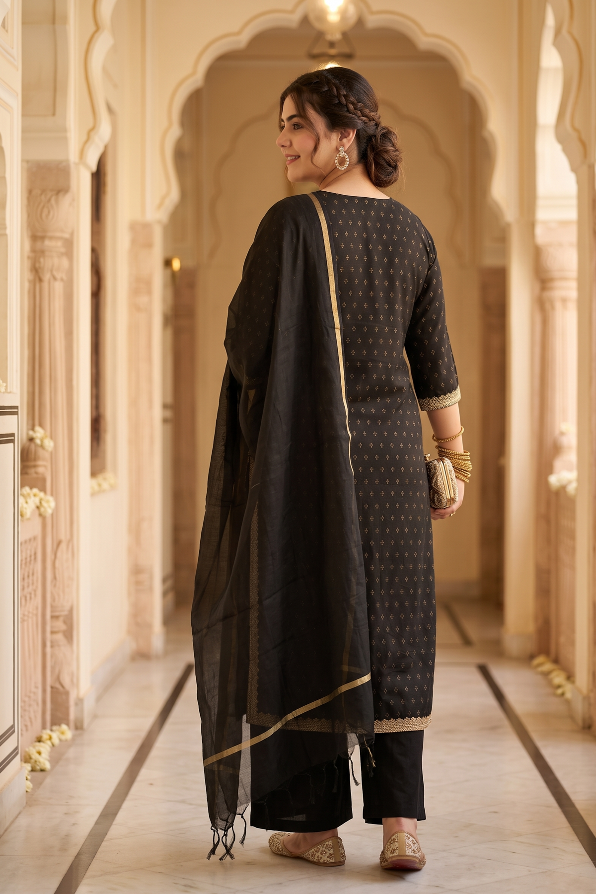 Plus Size Black & Gold Festive Benarasi Kurta Set with Chanderi Dupatta(Set of 3)