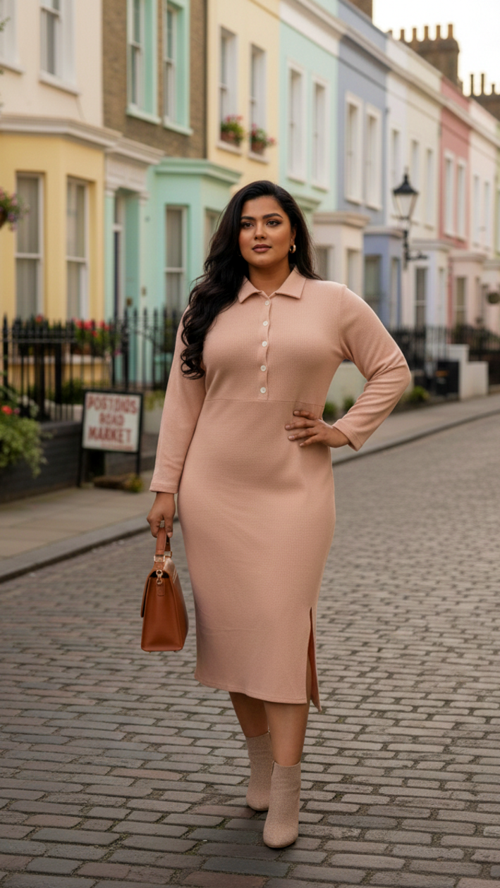 Plus Size Mini Waffle Collared Button Detail Knit Midi Dress