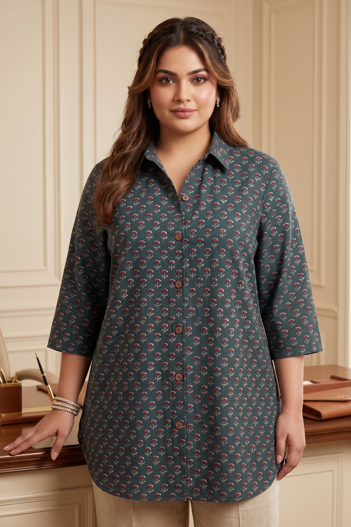 Plus Size Green Printed Cotton Long Shirt for Women – Smart Casual Office Wear Top
