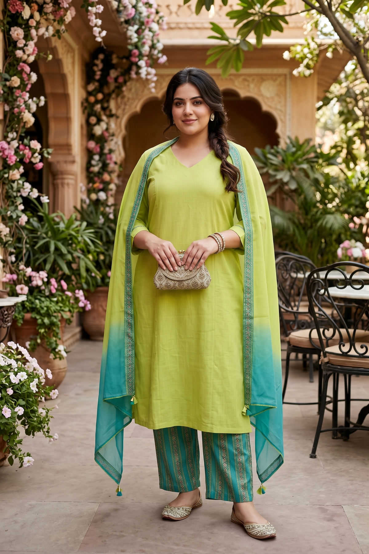 Lime Green Straight 100% Cotton Slub Kurta Suit Set - (Set of 3)