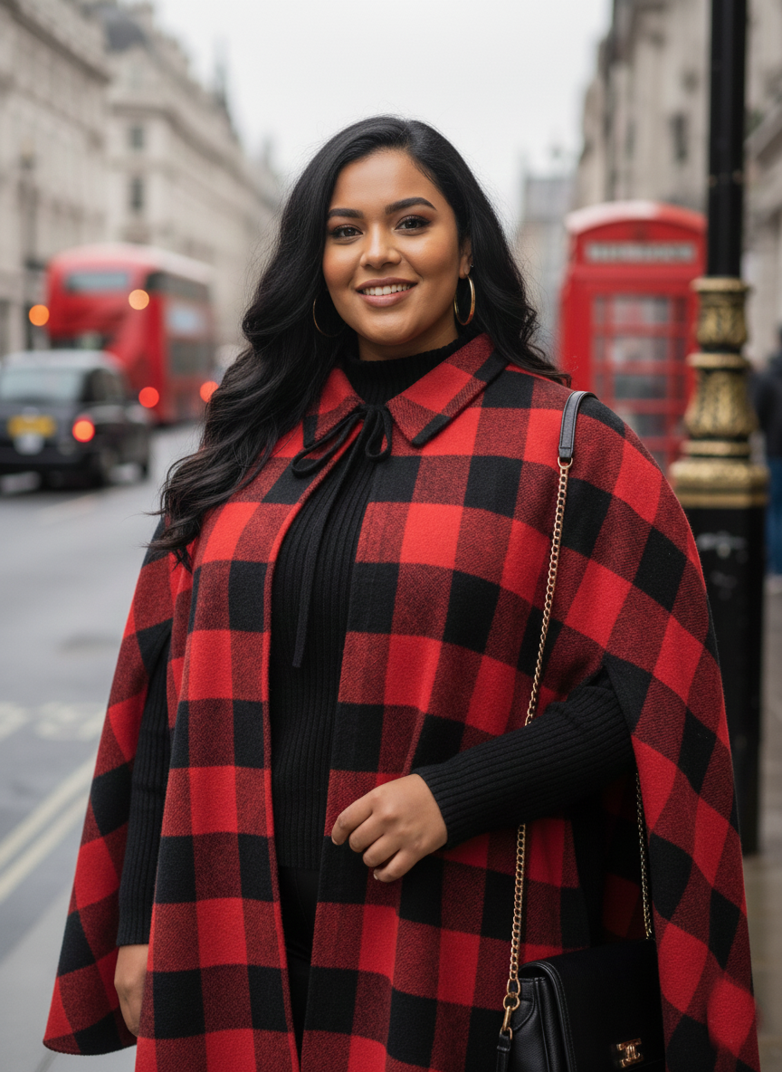 Plus Size Red Black Plaid Woolen Cape/Poncho for Women
