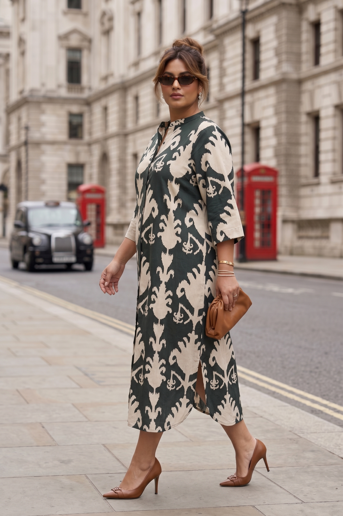 Dark Green Ikat Print 100% Cotton Shirt Dress