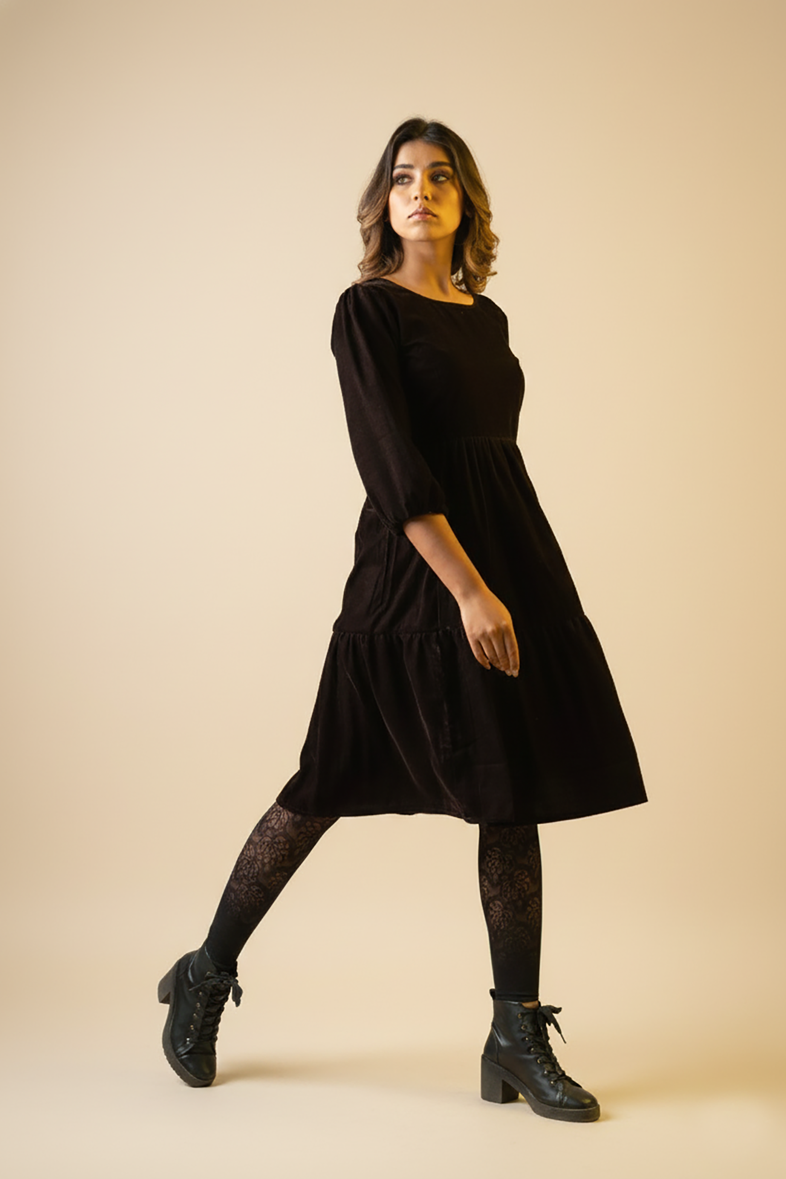 Brown Velvet Tiered Dress