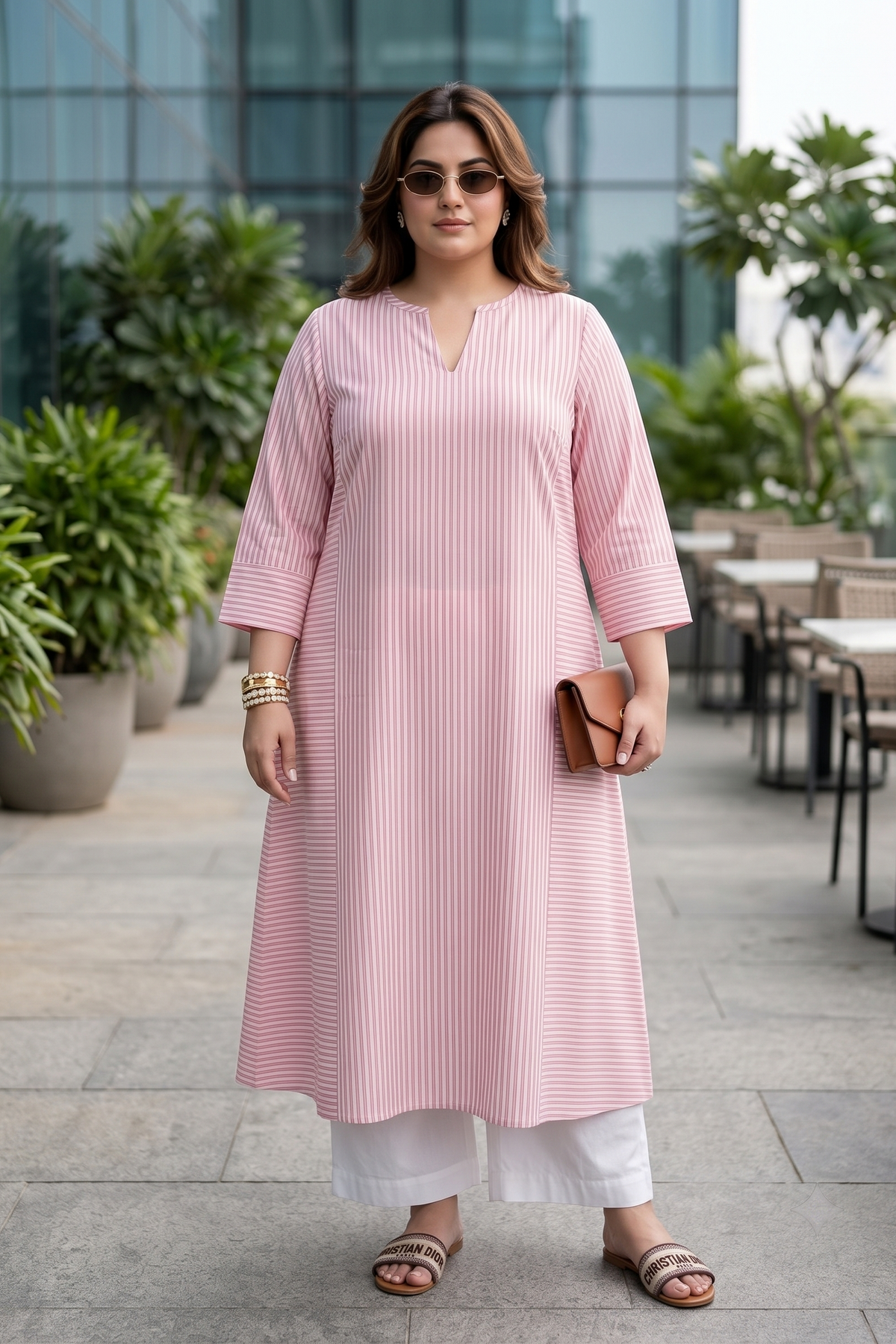 Plus Size Pink 100% Cotton Striped Flared Kurta