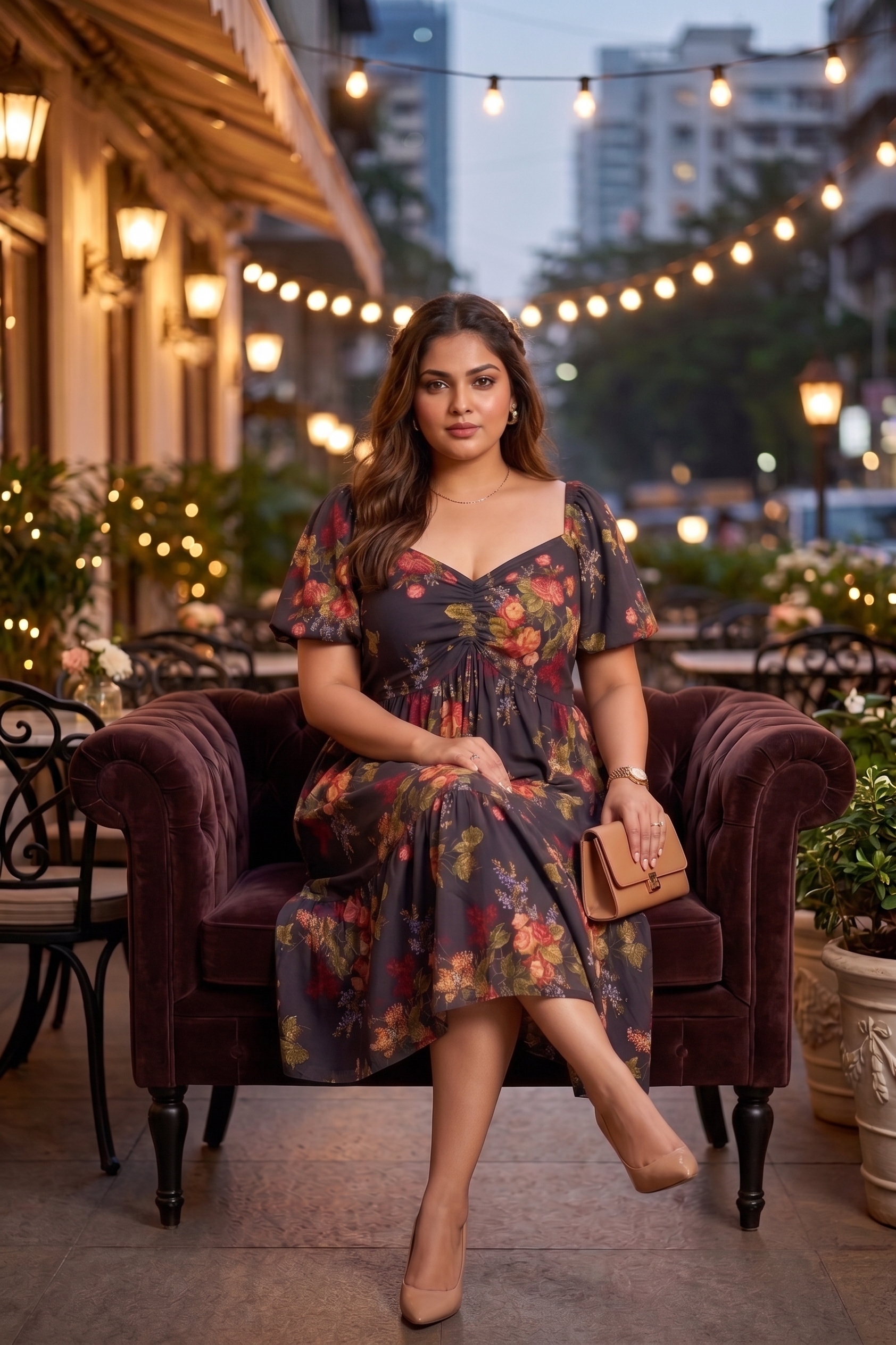 Black Floral Print Muslin Midi Dress
