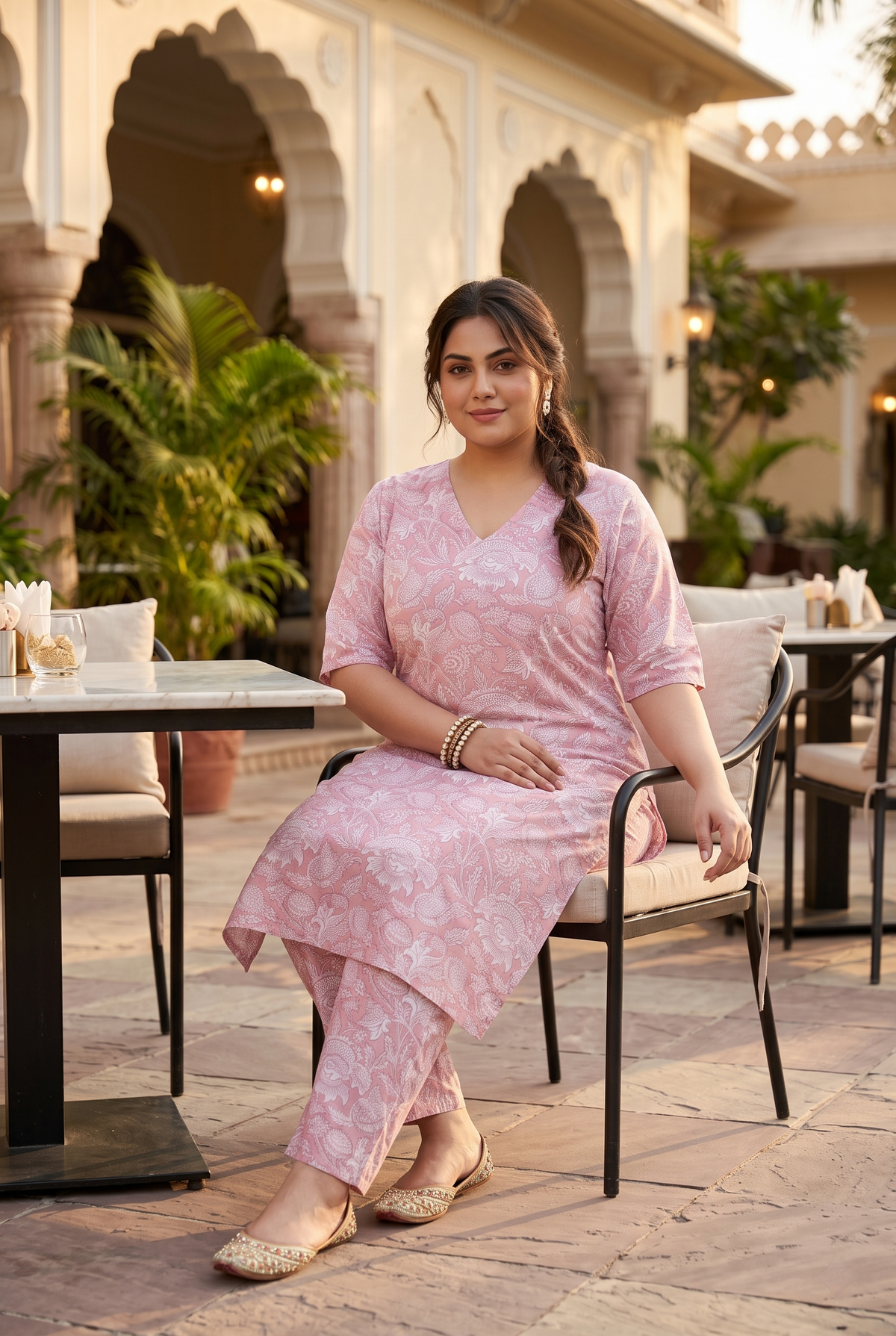 Regular Pink Printed v Neck Straight Kurta Pant Set