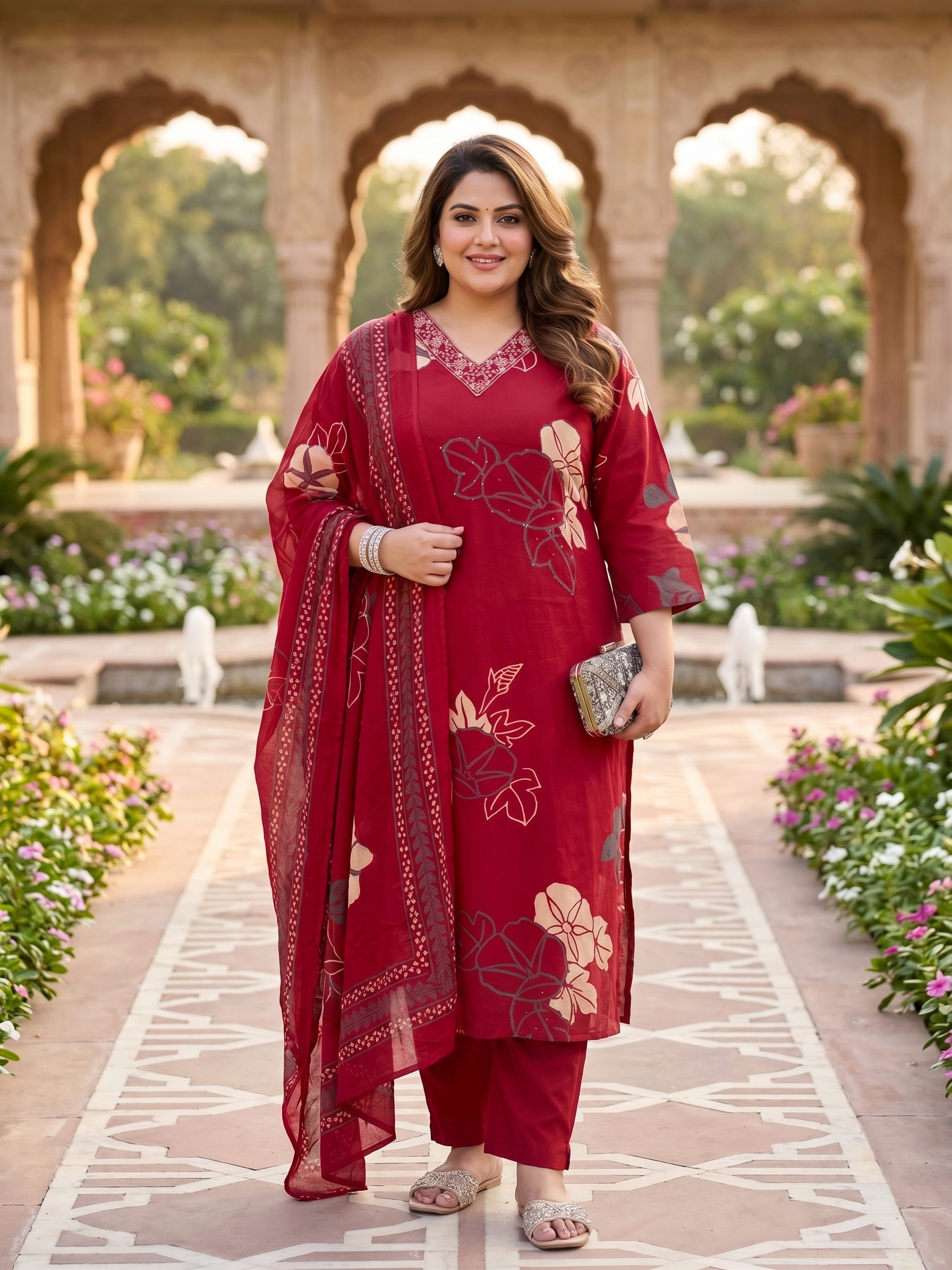 Plus Size Maroon Floral Print Cotton Kurta Set with Dupatta