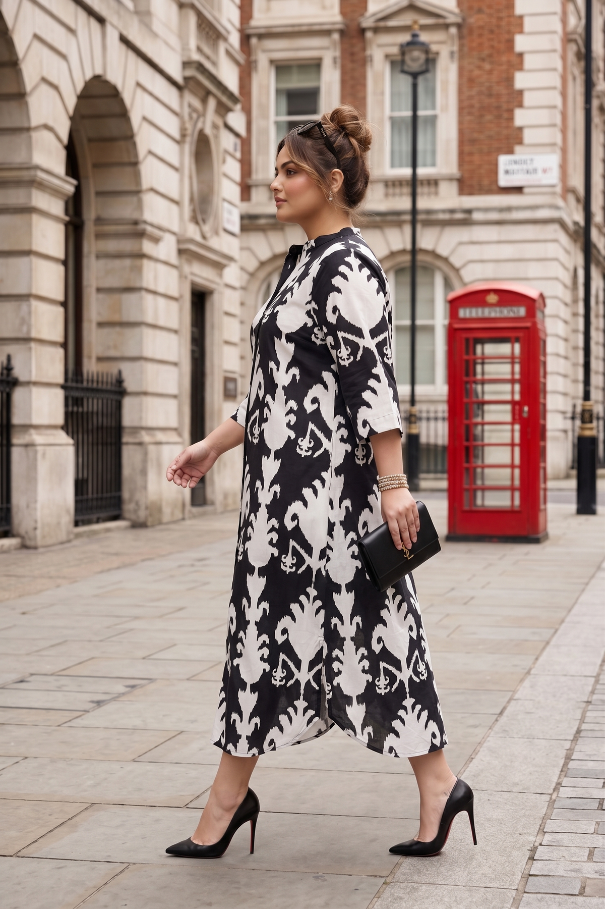 Plus Size Black & White Ikat Print 100% Cotton Shirt Dress
