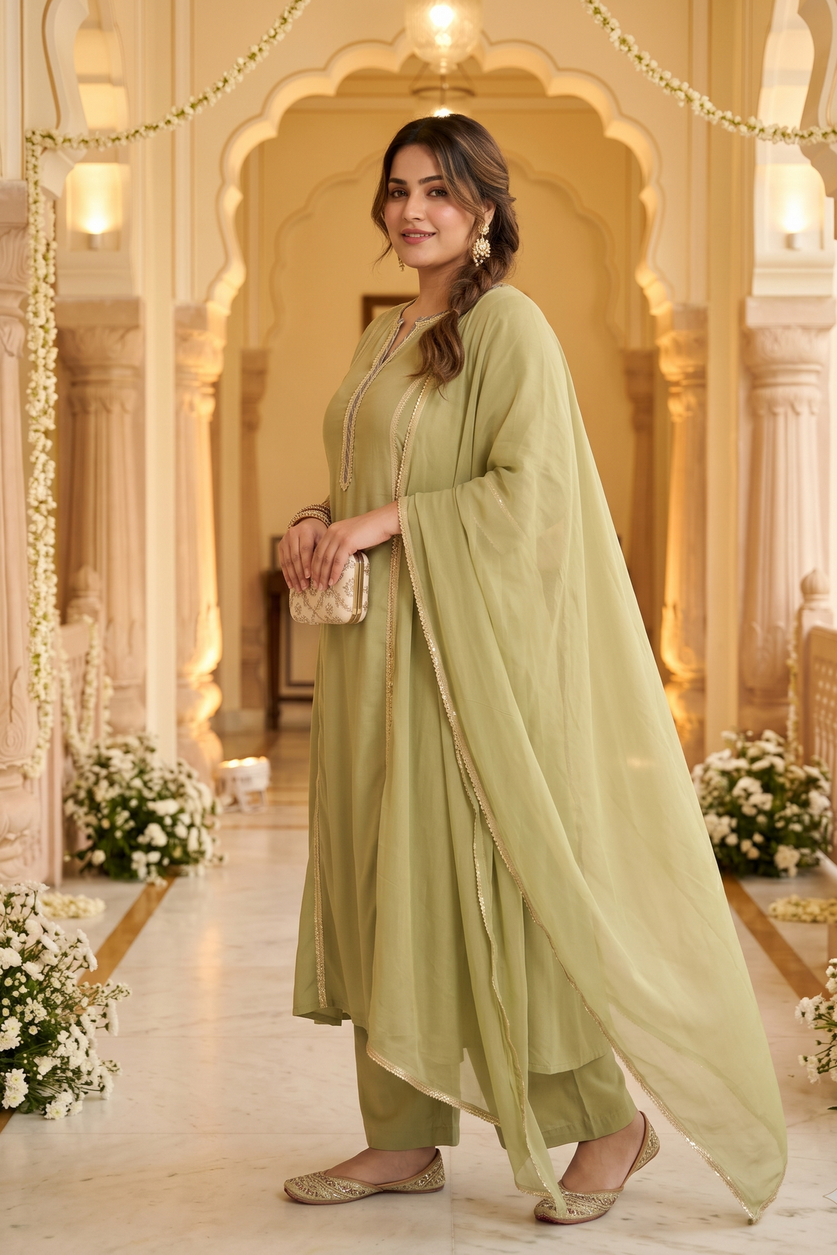 Plus Size Viscose Dupatta Set – Olive Green Kurta, Pant & Dupatta