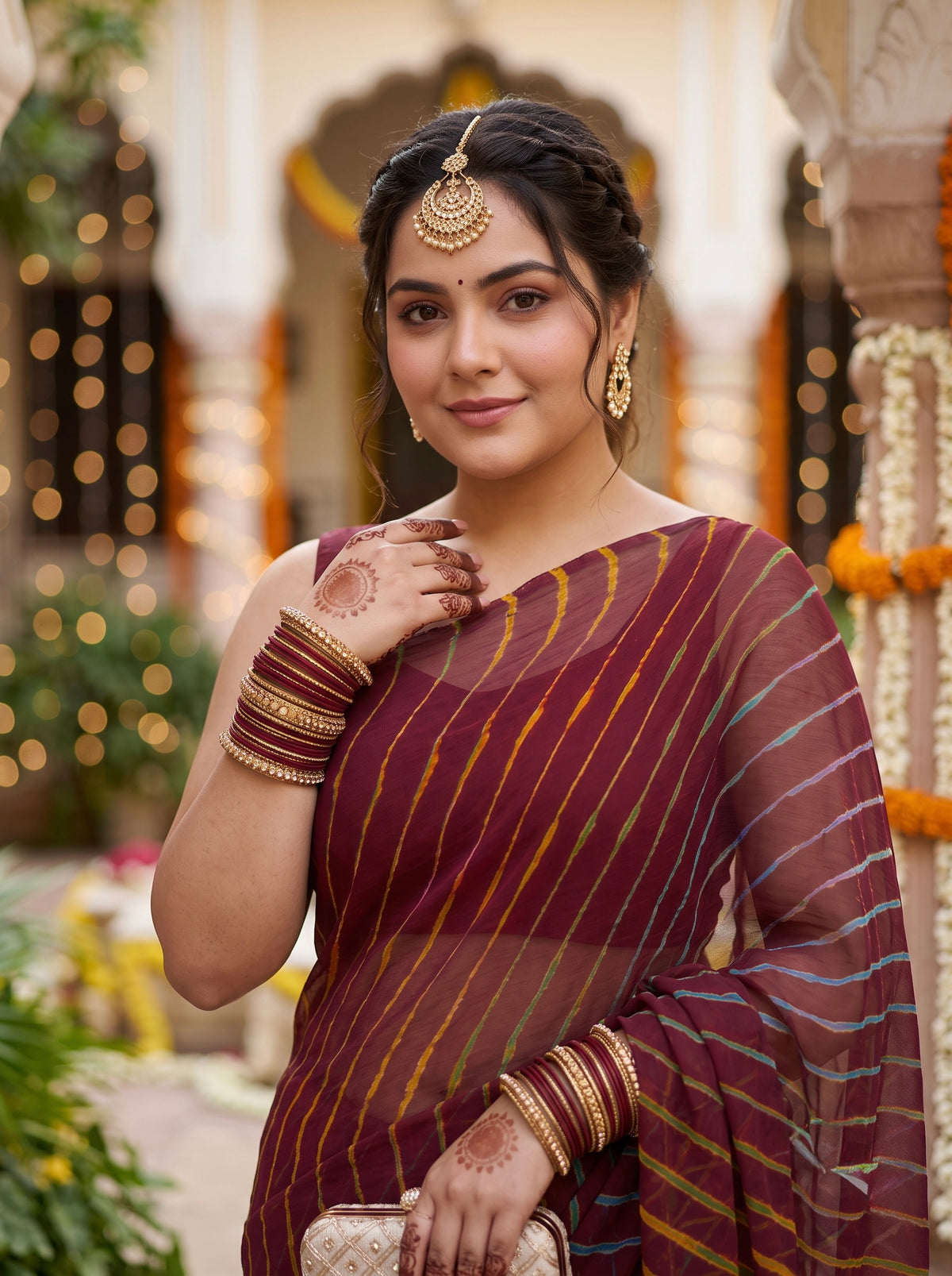 Maroon Leheriya Saree with Multi-colour Accents