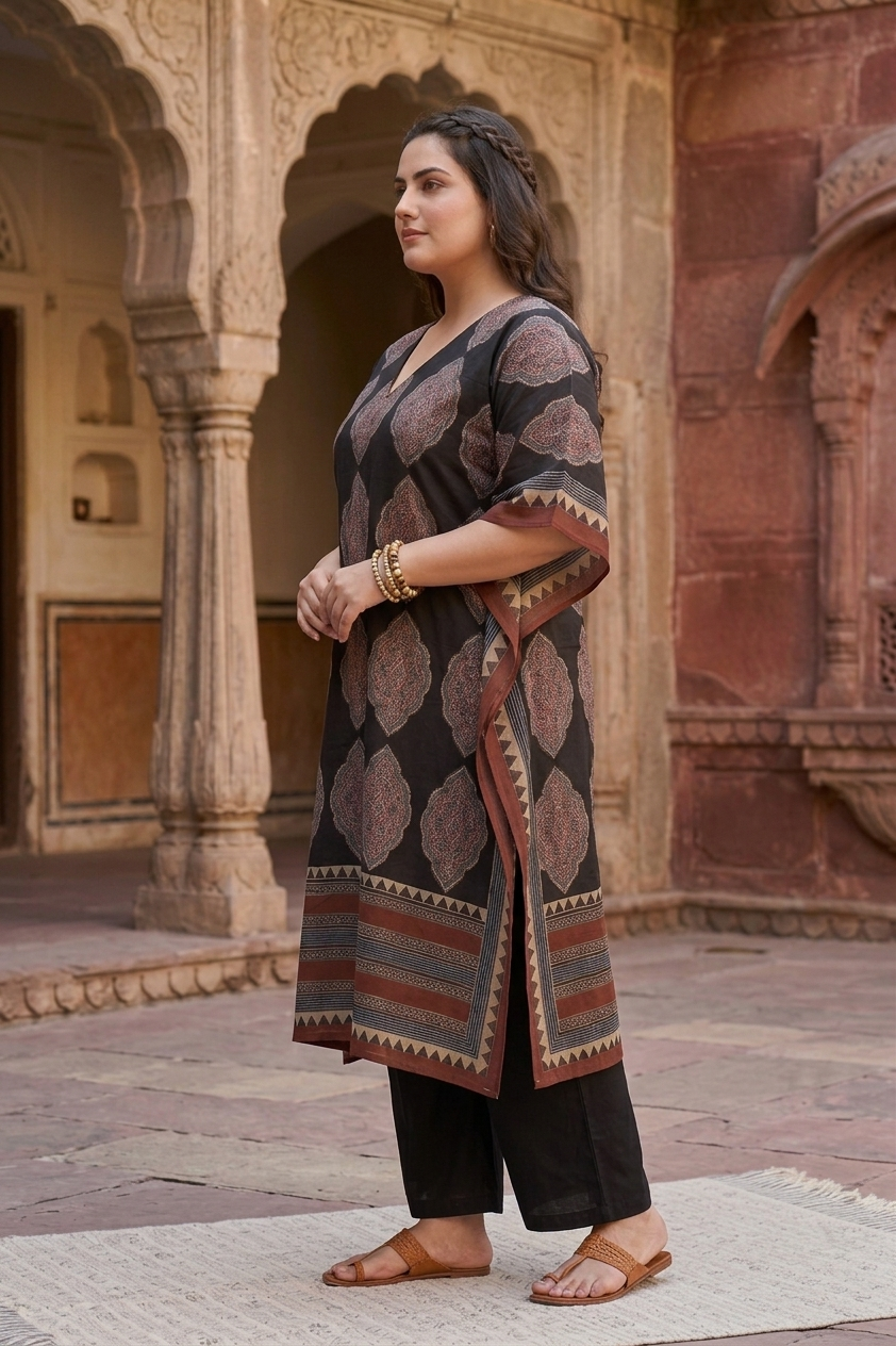 Black Kaftan 100% Cotton Printed Ethnic Co-Ord Set For Women