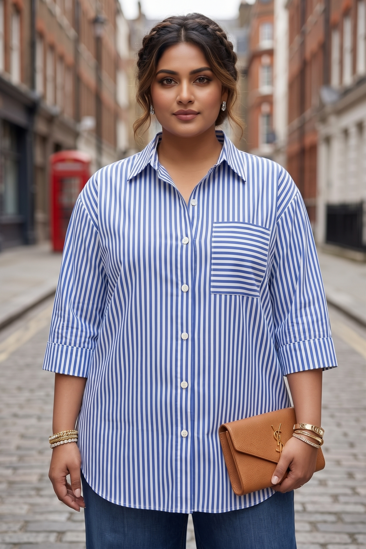 Plus Size Blue Striped 100% Cotton Long Shirt – Relaxed Fit Casual Button-Down Shirt for Women