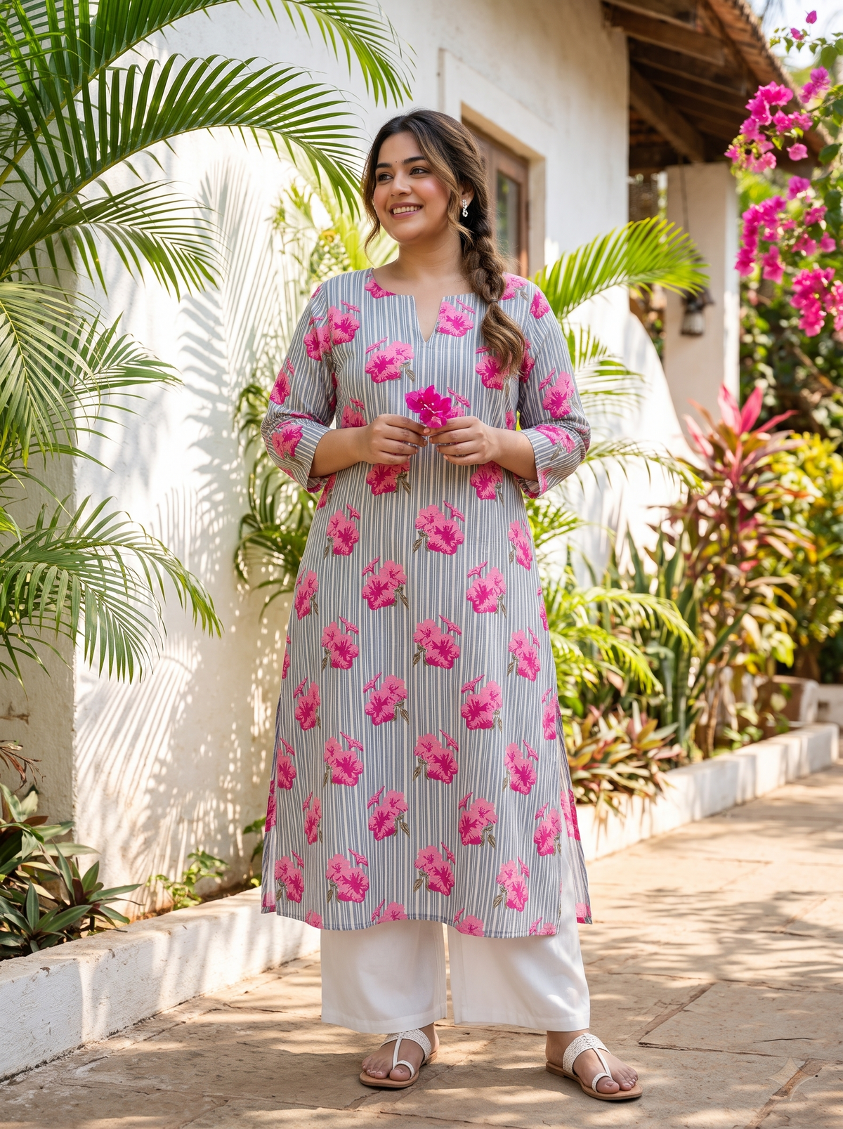 Plus Size Blue Floral Printed 100% Cotton Kurta for Women | Straight Fit Ethnic Kurta