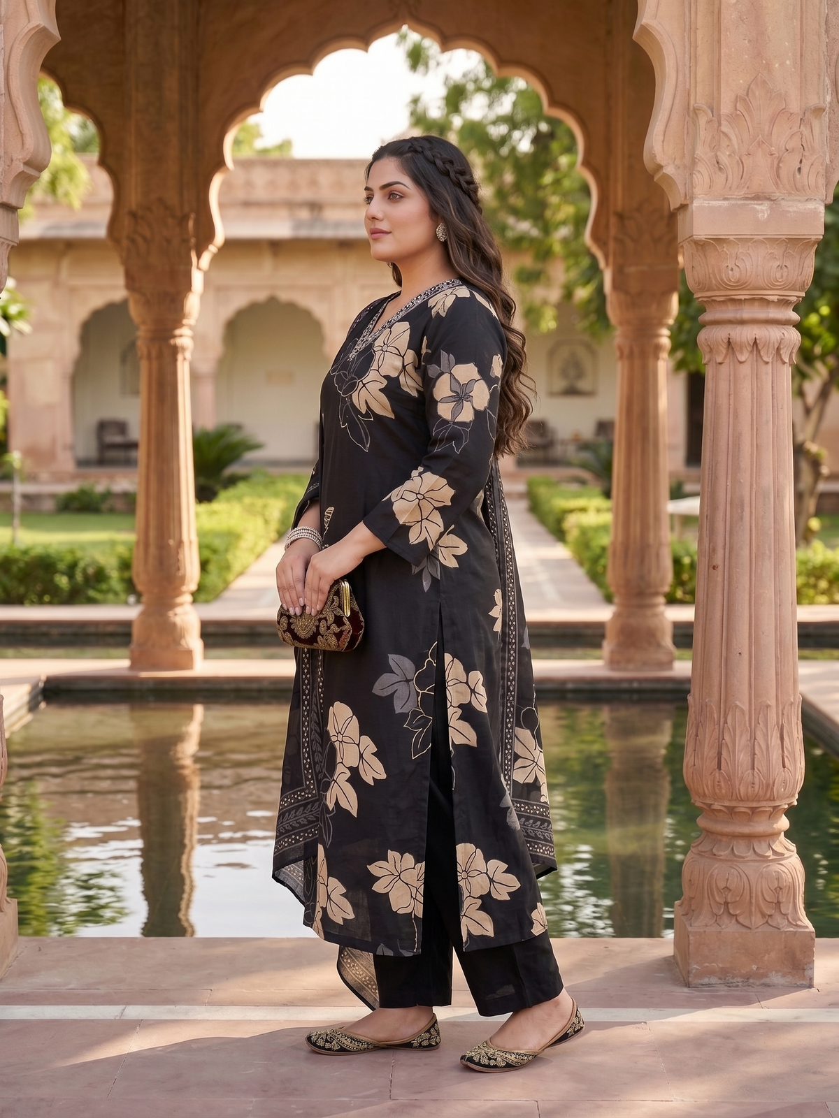 Plus Size Black Floral Print Cotton Kurta Set with Dupatta