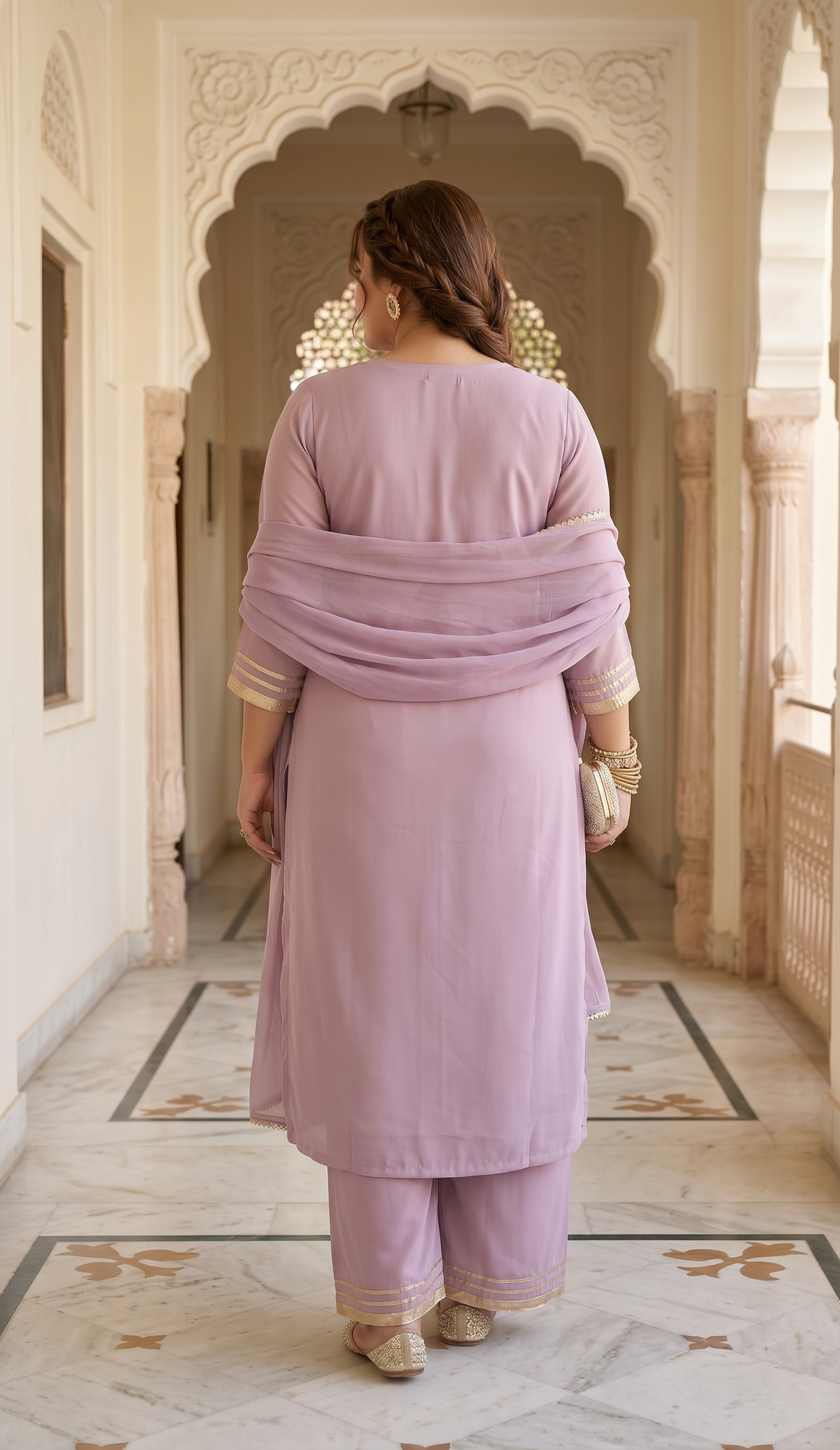 Plus Size Lavender Viscose Dupatta Set – Lace Embellished Kurta, Pant & Dupatta