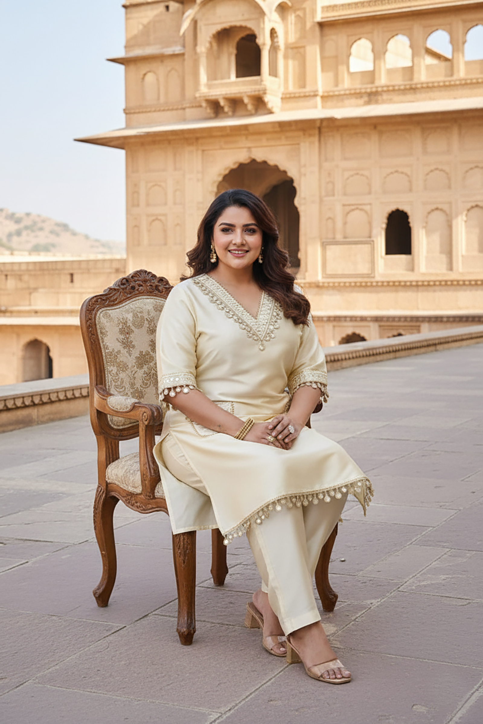 Ivory Taffeta Embroidered Wedding Kurta Set for Women