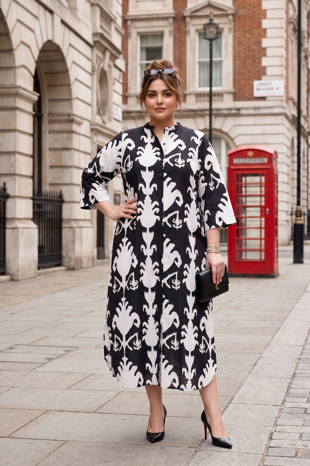 Plus Size Black Printed Cotton Shirt Dress – Casual Ikat Print