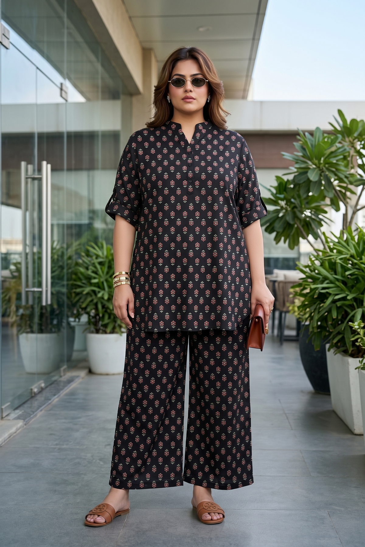 Plus Size Black Booti Print 100% Cotton Co-Ord Set for Women