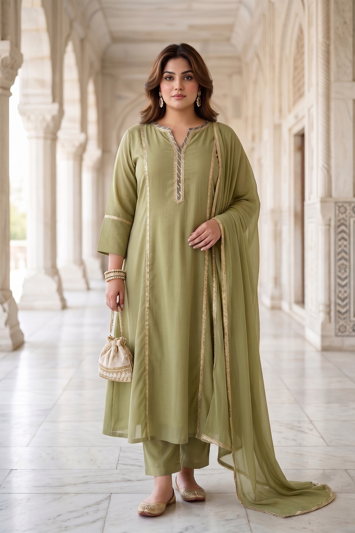 Plus Size Viscose Dupatta Set – Olive Green Kurta, Pant & Dupatta