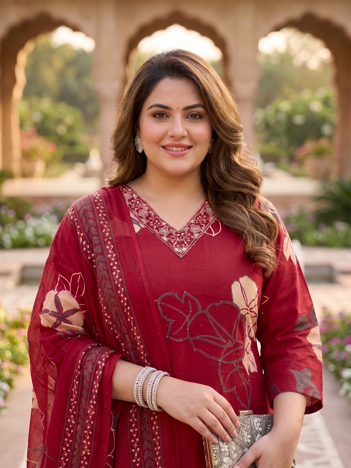 Plus Size Maroon Floral Print Cotton Kurta Set with Dupatta