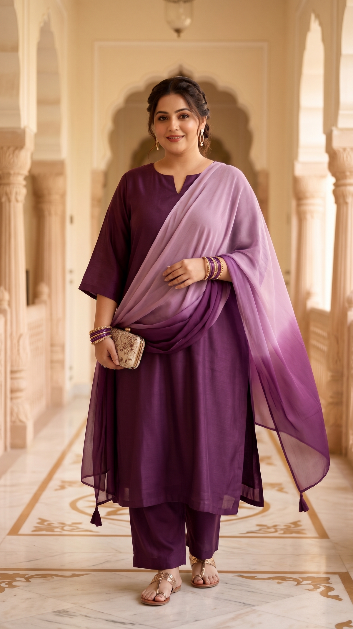 Plus Size Viscose Dupatta Set – Wine Kurta, Pant & Chiffon Dupatta